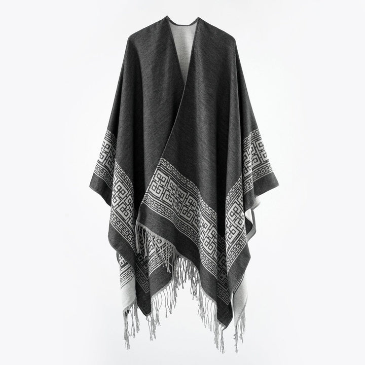 Women's Reversible Wool Blend Kimono Style Wrap with Ornamental Border and Decorative Fringes