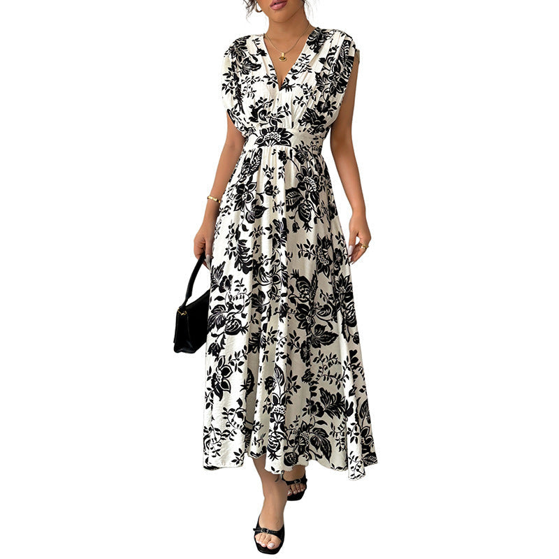 Women's Flowing Midi Dress with V-Neck, Gathered Waist and Jacquard Structure Mune Fashion