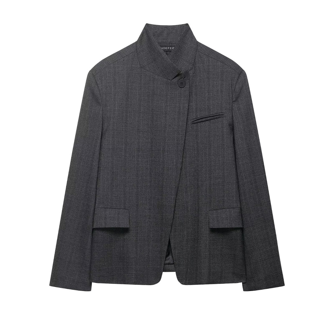 Women Modern Slim Blazer with Asymmetrical Button Placket and Stand Collar Mune Fashion