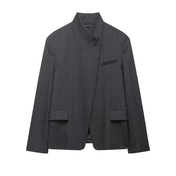 Women Modern Slim Blazer with Asymmetrical Button Placket and Stand Collar Mune Fashion