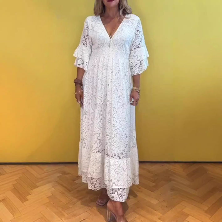 Women’s Boho Lace Maxi Dress with V-Neck, Underbust Seam, and Tiered Ruffle Sleeves Mune Fashion