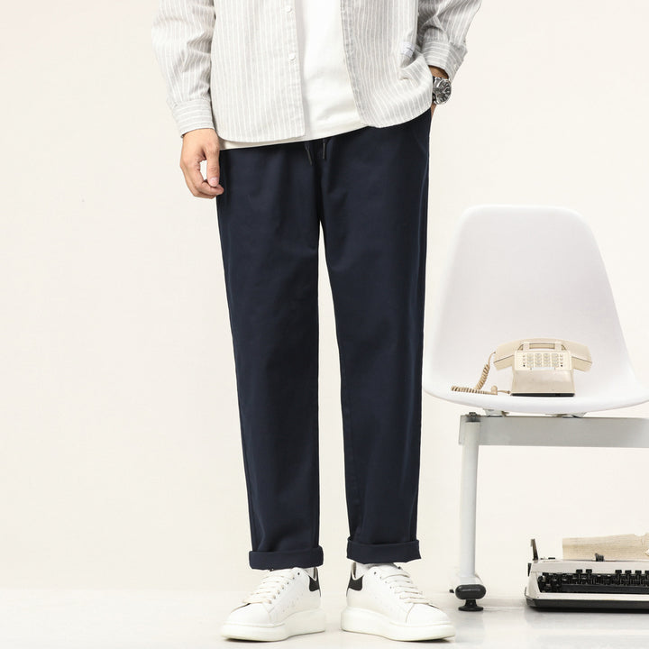Men's Lightweight Cotton Blend Pants with Elastic Cord Waistband and Straight Leg Mune Fashion