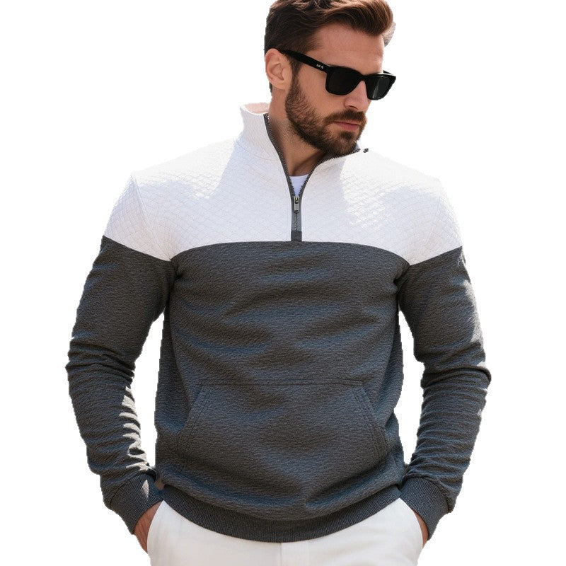 Men's quilted shoulder yoke half-zip sweater with kangaroo pocket and stand collar Mune Fashion