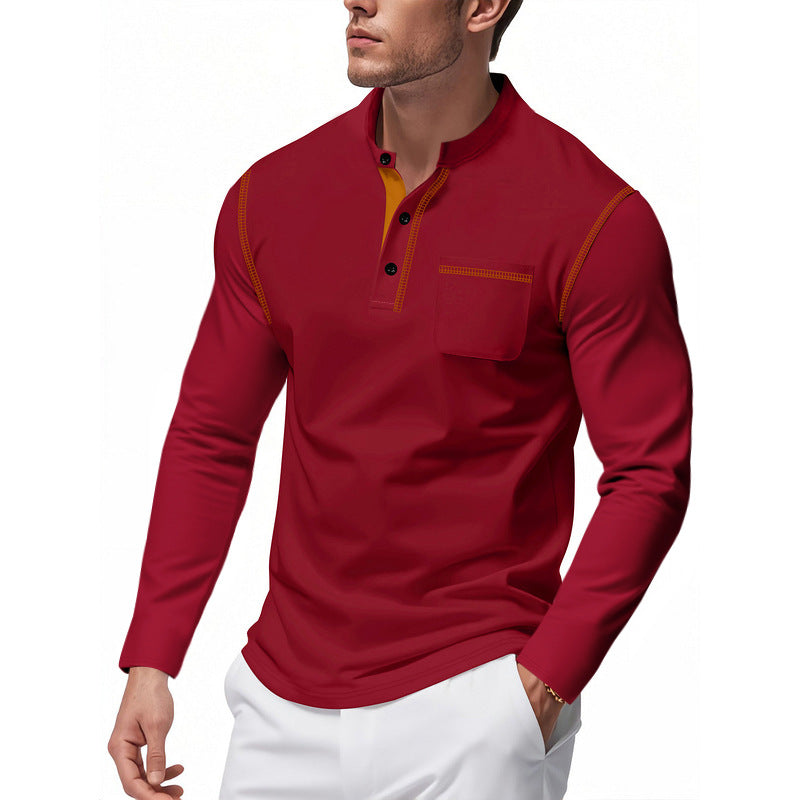 Men's Henley Long Sleeve Shirt with Stand-Up Collar, Chest Pocket and Contrasting Decorative Stitches Mune Fashion