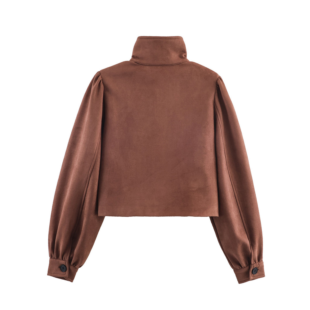 Women's short-cut suede-look jacket with stand-up collar, balloon sleeves, and pocket flaps Mune Fashion