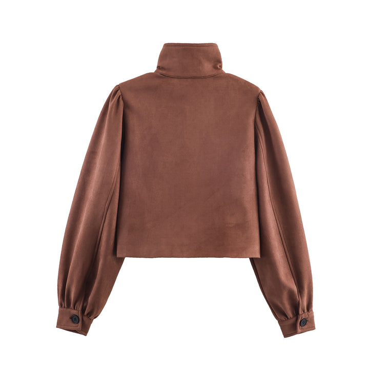 Women's short-cut suede-look jacket with stand-up collar, balloon sleeves, and pocket flaps Mune Fashion