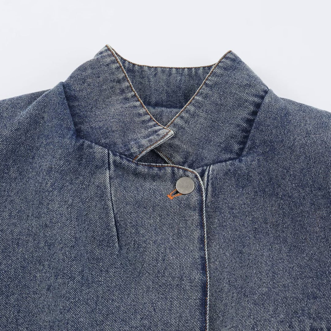 Women's Cropped Jeans Jacket in Boxy Cut with Stand-Up Collar and Three-Quarter Sleeves Mune Fashion