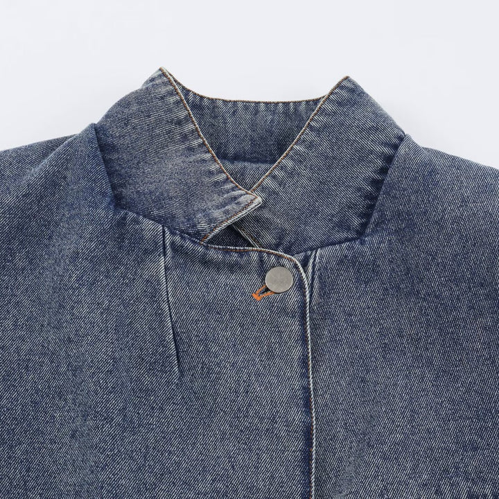 Women's Cropped Jeans Jacket in Boxy Cut with Stand-Up Collar and Three-Quarter Sleeves Mune Fashion