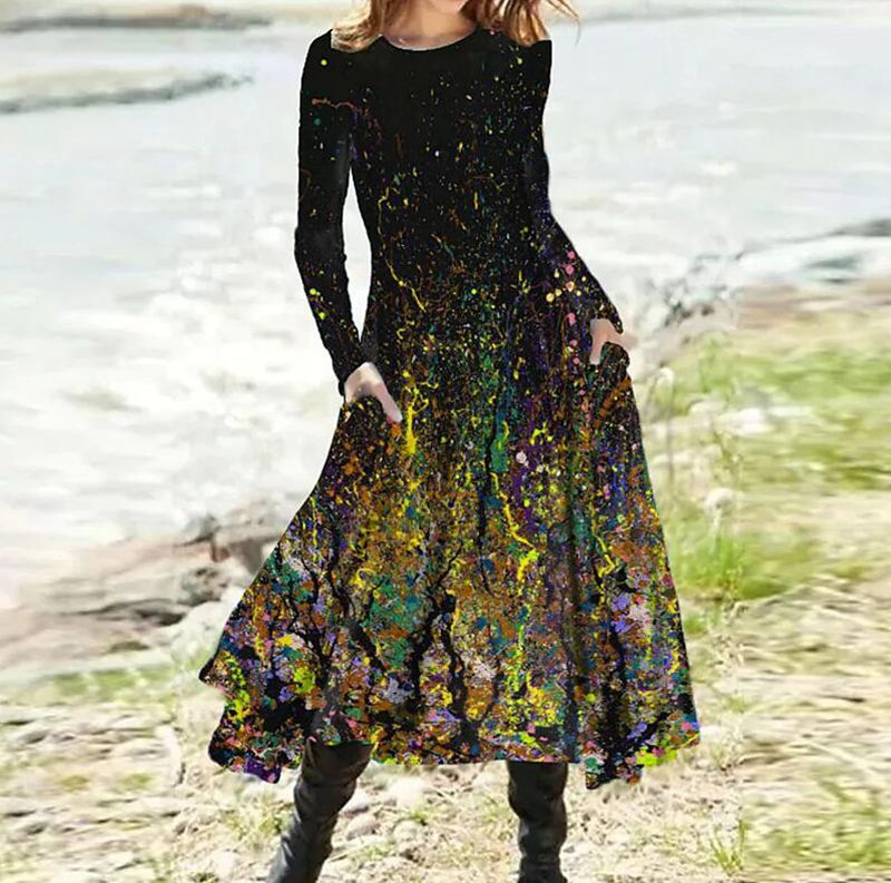 Women's A-line midi dress with abstract spray pattern, round neckline, long sleeves and side pockets Mune Fashion