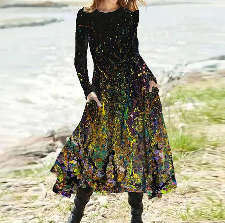 Women's A-line midi dress with abstract spray pattern, round neckline, long sleeves and side pockets Mune Fashion