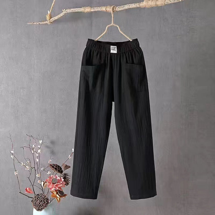 Ladies casual linen blend trousers with elastic waistband, straight leg, and large patch pockets Mune Fashion