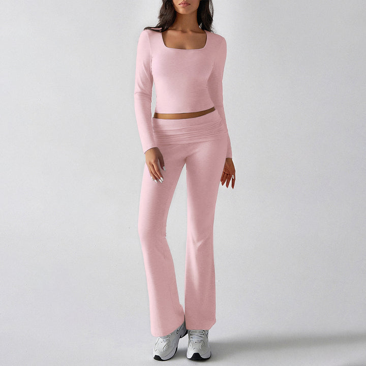 Women's figure-hugging cropped set with long-sleeve top with square neckline and flared high-waist yoga pants Mune Fashion