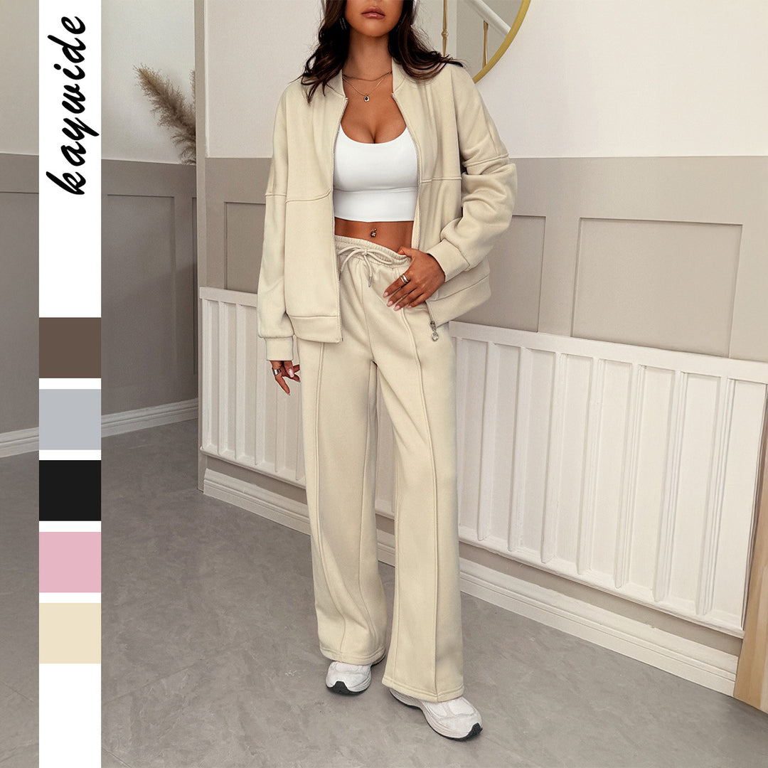 Women's oversized sweat set with zip bomber jacket and high waist palazzo pants Mune Fashion