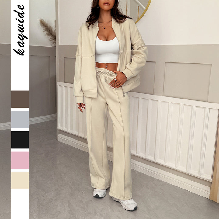 Women's oversized sweat set with zip bomber jacket and high waist palazzo pants Mune Fashion