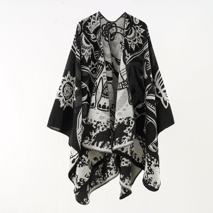 Women’s Ornamental Jacquard Wrap Cape with Soft Fall Mune Fashion