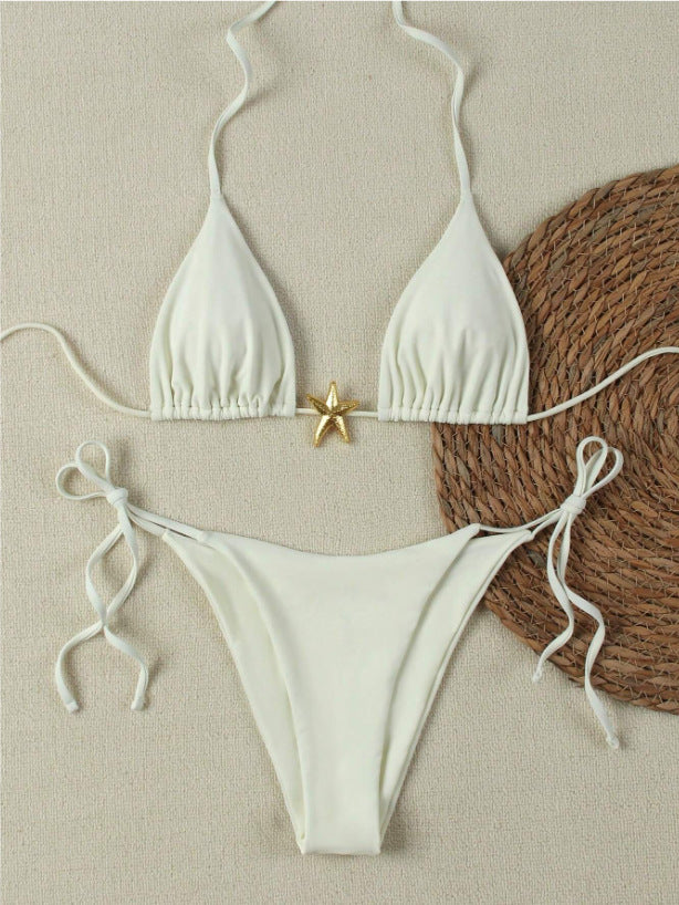 Women's Triangle Bikini Set with Adjustable Straps and Decorative Jewelry Element Mune Fashion