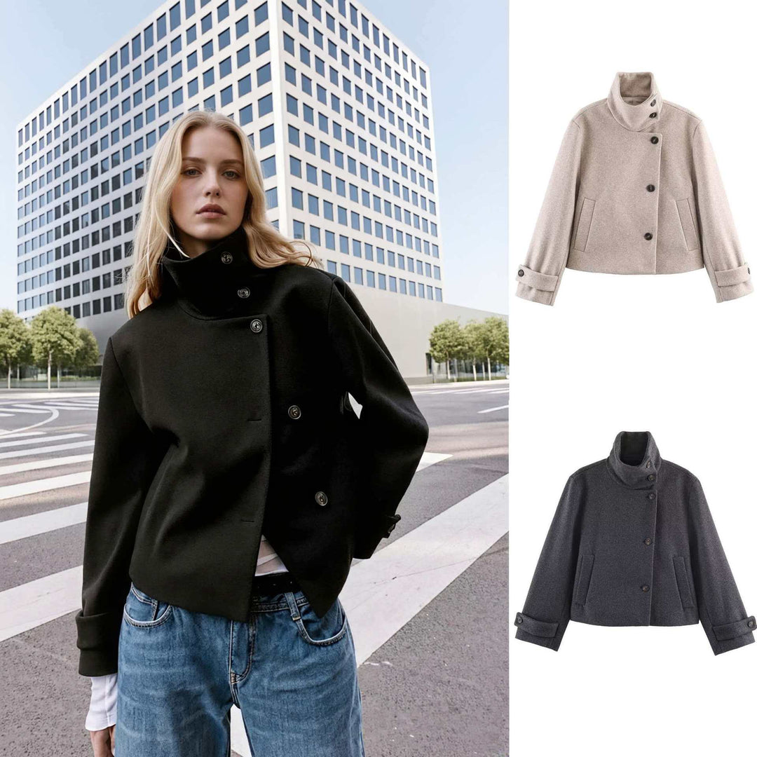 Women's short wool coat with a high stand-up collar, asymmetrical button placket, and adjustable cuff straps Mune Fashion
