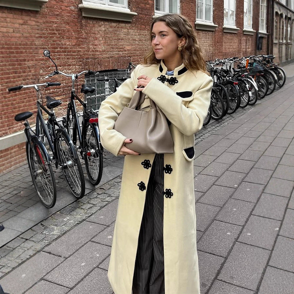 Women's maxi length tailored wool blend coat with stand-up collar and decorative frog closures Mune Fashion