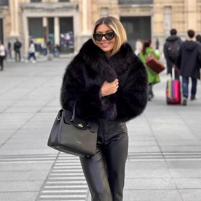 Women Short Cropped Faux Fur Blouson with Voluminous Shawl Collar and Soft Inner Lining Mune Fashion