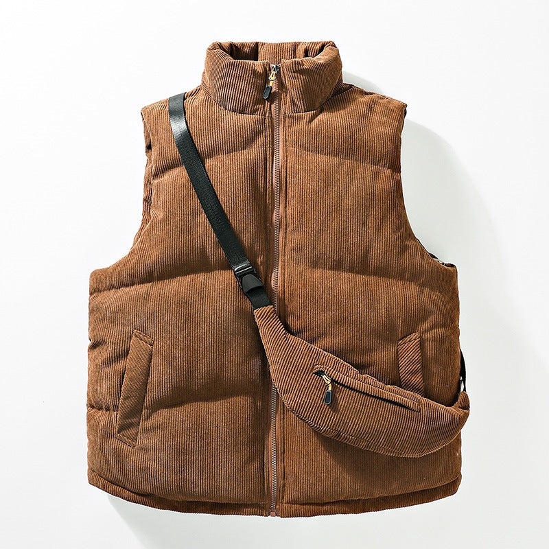 Men's Quilted Cord Sleeveless Thermal Vest with Stand Collar and Integrated Crossbody Bag Mune Fashion