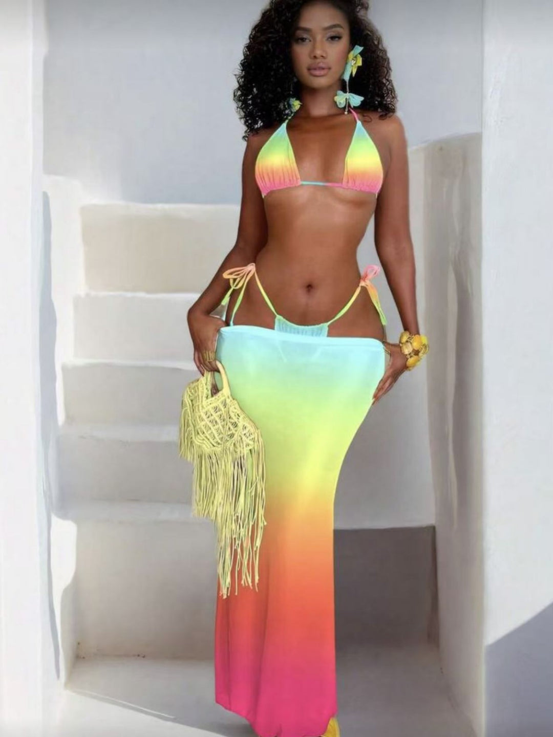 Women's bikini set with stylish lacing details and airy maxi dress overlay Mune Fashion