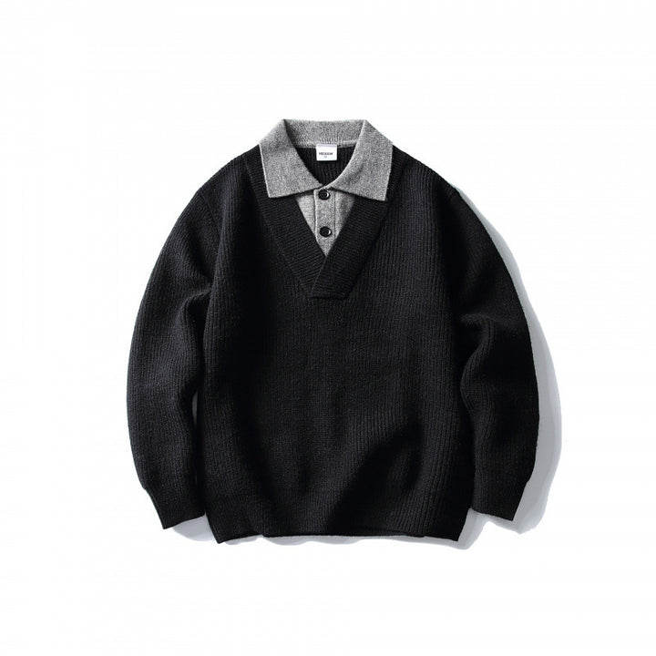 Men's pullover with polo half-button placket, oversized ribbed knit and V-neck detail Mune Fashion