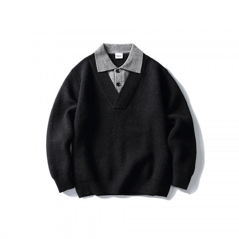 Men's knit polo sweater with oversized cut, V-insert and contrast collar Mune Fashion