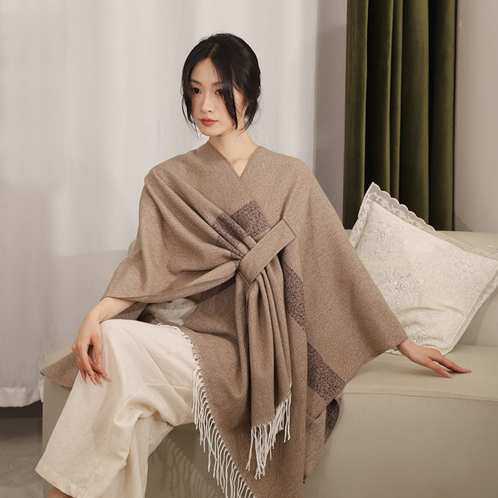 Women Woven Wool Blend Ruana with Diagonal Stripes and Fringes Mune Fashion