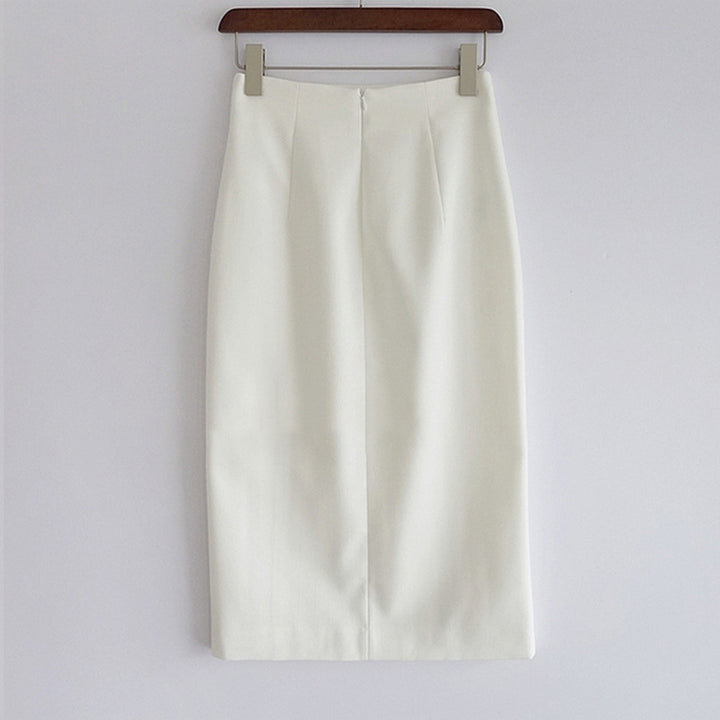 Women's High-Waisted Pencil Midi Skirt with Front Slit and Decorative Seams