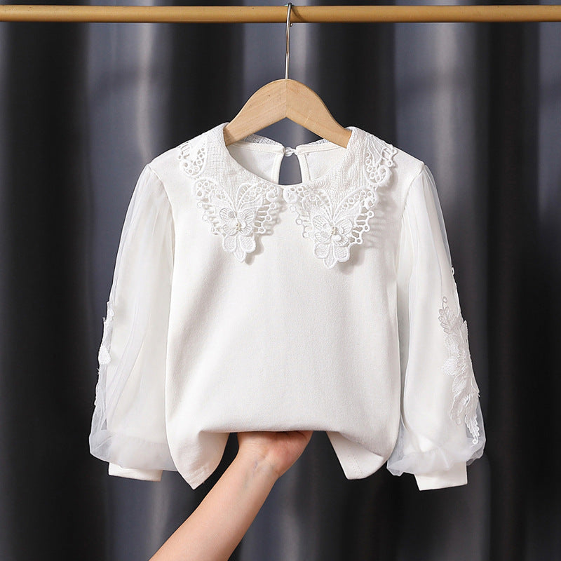 Girls fashionable blouse with elegant tulle sleeves and artistic lace decoration Mune Fashion