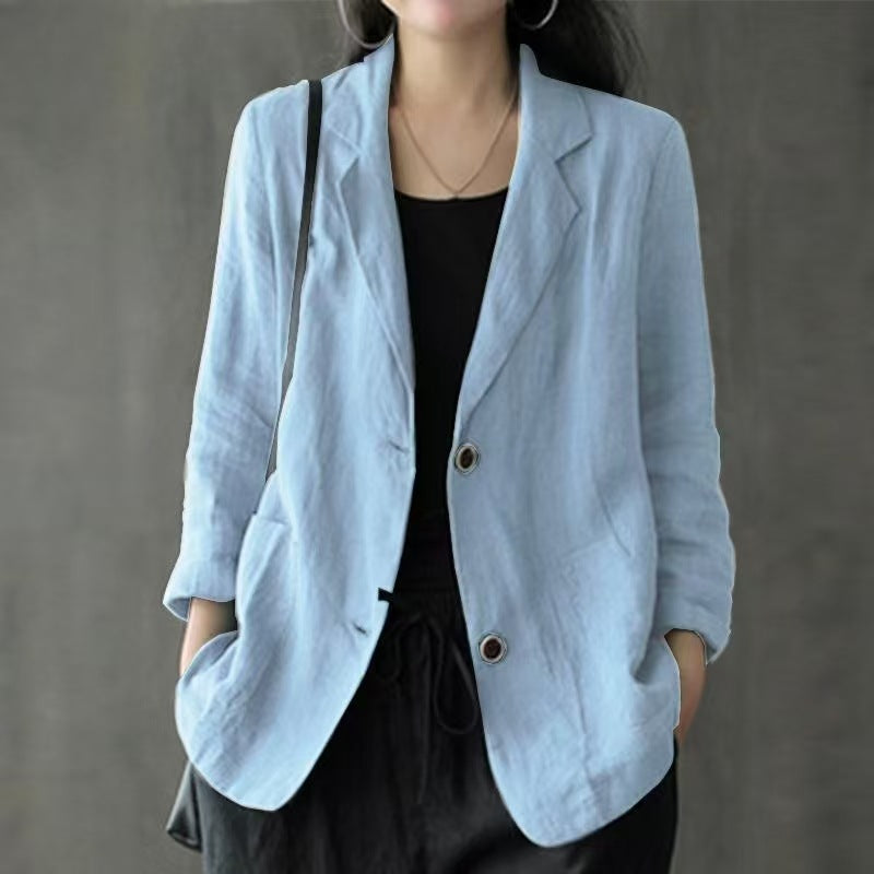 Women's linen blazer in a casual style with a loose fit and patch pockets