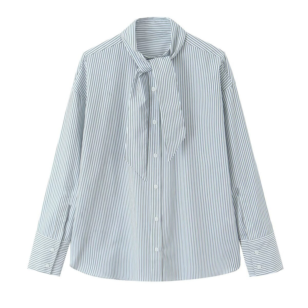 Women's Tying Scarf Blouse with Striped Pattern and Oversized Fit Mune Fashion