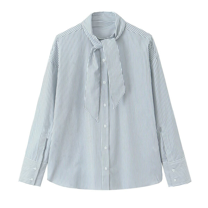 Women's Tying Scarf Blouse with Striped Pattern and Oversized Fit Mune Fashion