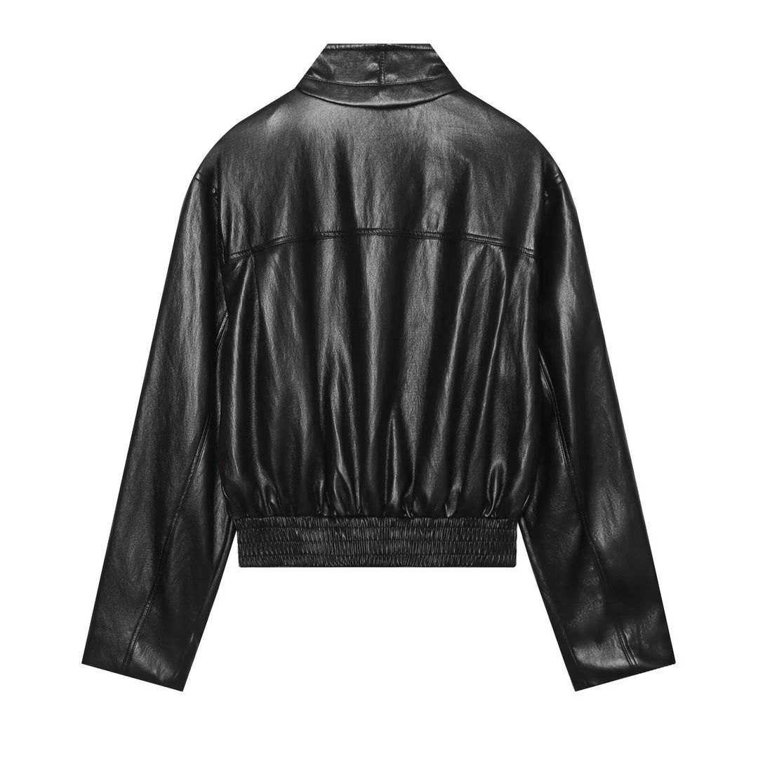 Women's short jacket in vintage leather look with stand-up collar, zipper and wide ribbed cuffs Mune Fashion
