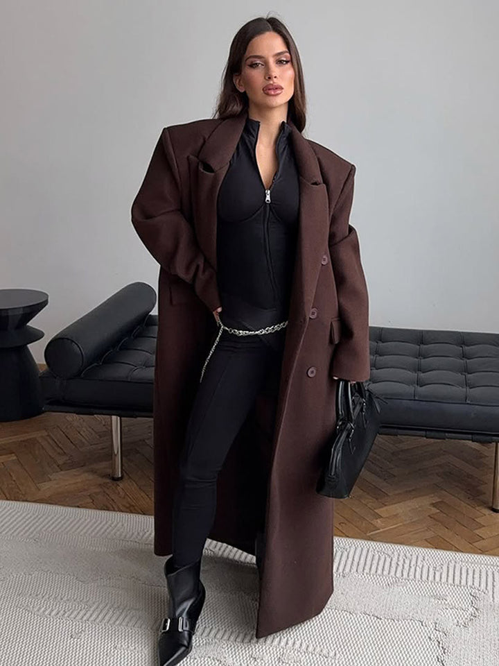Women's Maxi-Length Wool Blend Coat with Boxy Oversized Silhouette and Distinctive Shoulders Mune Fashion
