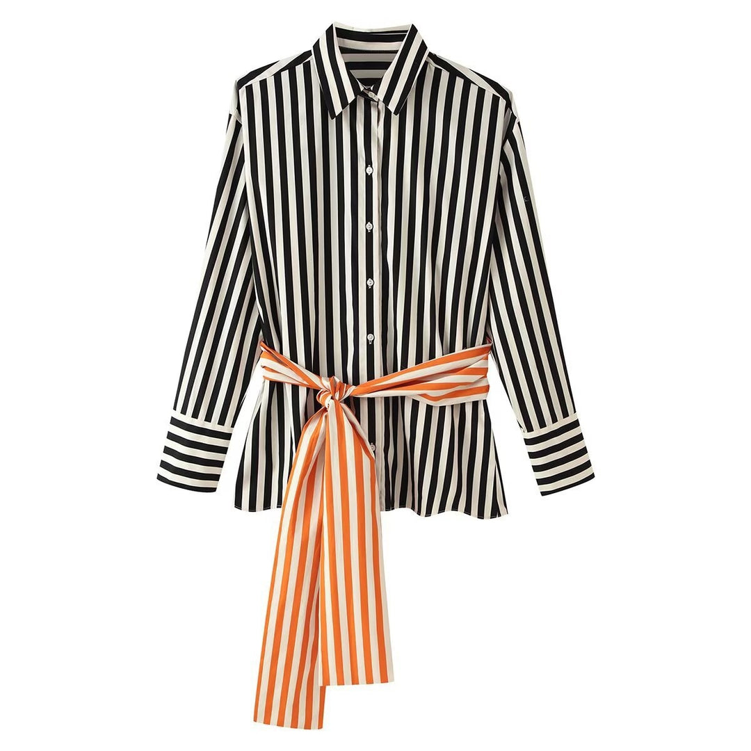 Women's Striped Shirt Blouse with Long Sleeves and Contrasting Waist Belt Mune Fashion