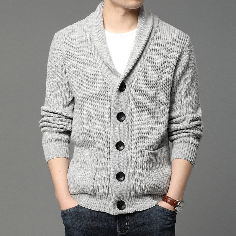 Men's chunky knit cardigan with shawl collar, patch pockets, and button placket Mune Fashion