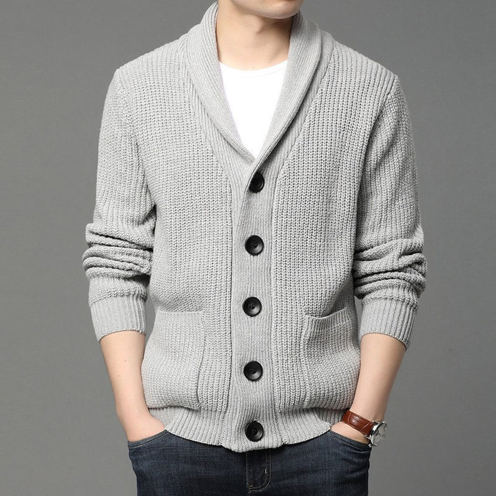 Men's chunky knit cardigan with shawl collar, patch pockets, and button placket Mune Fashion
