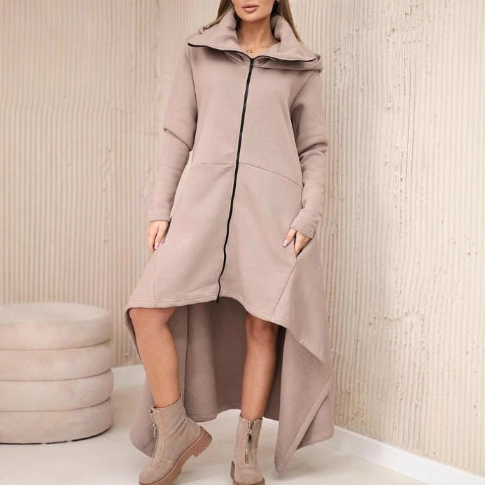Women's nan asymmetrical sweatshirt dress with high stand-up collar, full-length zipper and extended back hem Mune Fashion