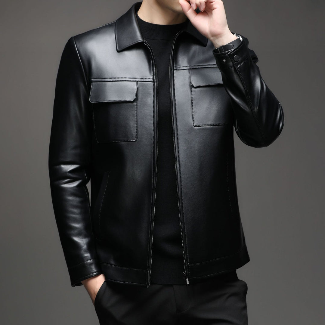 Men's Smooth Leather Jacket in Classic Shirt Collar Style with Concealed Zipper and Patch Chest Pockets Mune Fashion