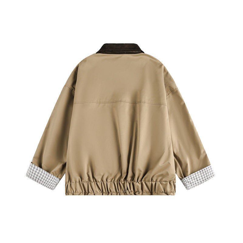 Unisex Short Cut Boxy Blouson Jacket with Cord Collar and Checked Sleeve Cuff Mune Fashion