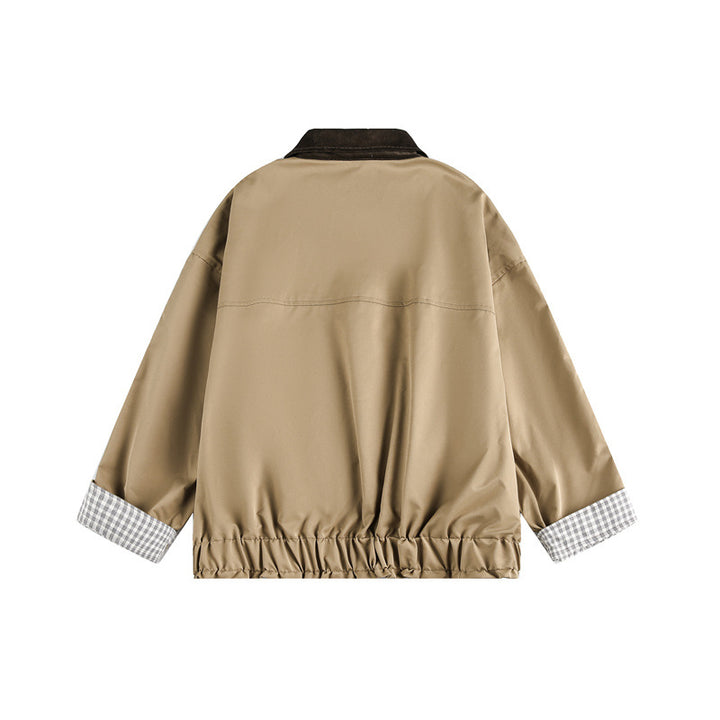 Unisex Short Cut Boxy Blouson Jacket with Cord Collar and Checked Sleeve Cuff Mune Fashion