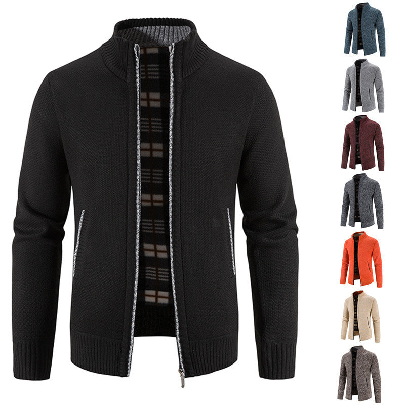 Men's knitted cardigan with full zip, stand-up collar and checkered lining Mune Fashion