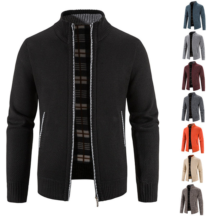 Men's knitted cardigan with full zip, stand-up collar and checkered lining Mune Fashion