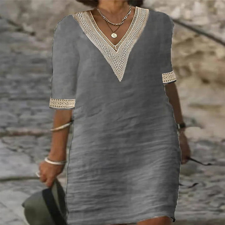 Women's Lightweight Linen Midi Dress with V-Neck and Crochet Lace Trim Mune Fashion