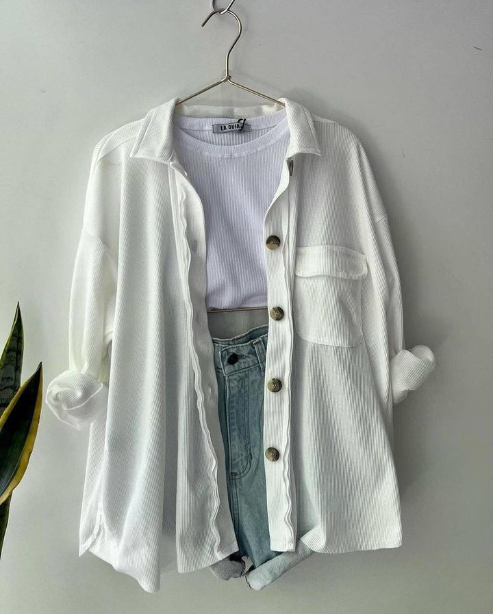Women's Oversized Cord Shirt Jacket made of Wide Corduroy with Chest Pocket and Wooden Buttons Mune Fashion