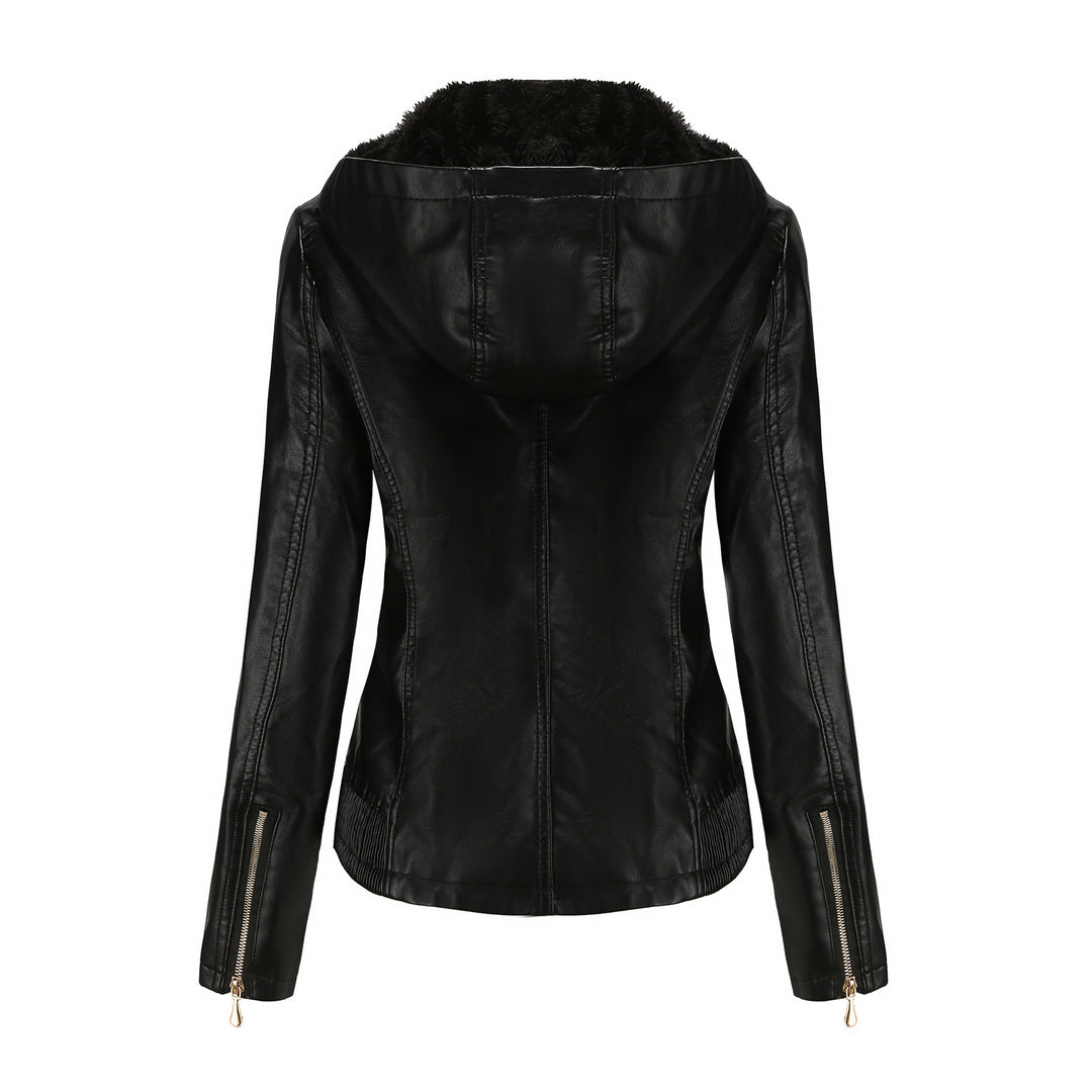 Women's tailored faux leather jacket with hood, padded inner lining and concealed zip pockets Mune Fashion
