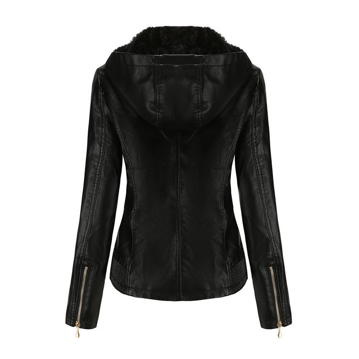 Women's tailored faux leather jacket with hood, padded inner lining and concealed zip pockets Mune Fashion