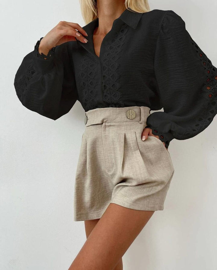 Women's Embroidered Linen Blouse with Lace, Balloon Sleeves and Shirt Collar Mune Fashion