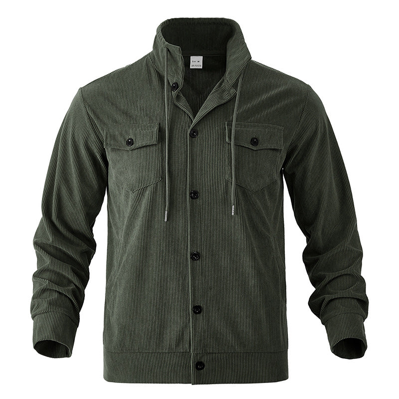 Men's cord jacket with stand-up collar, drawstring, continuous button placket, and applied chest flaps Mune Fashion
